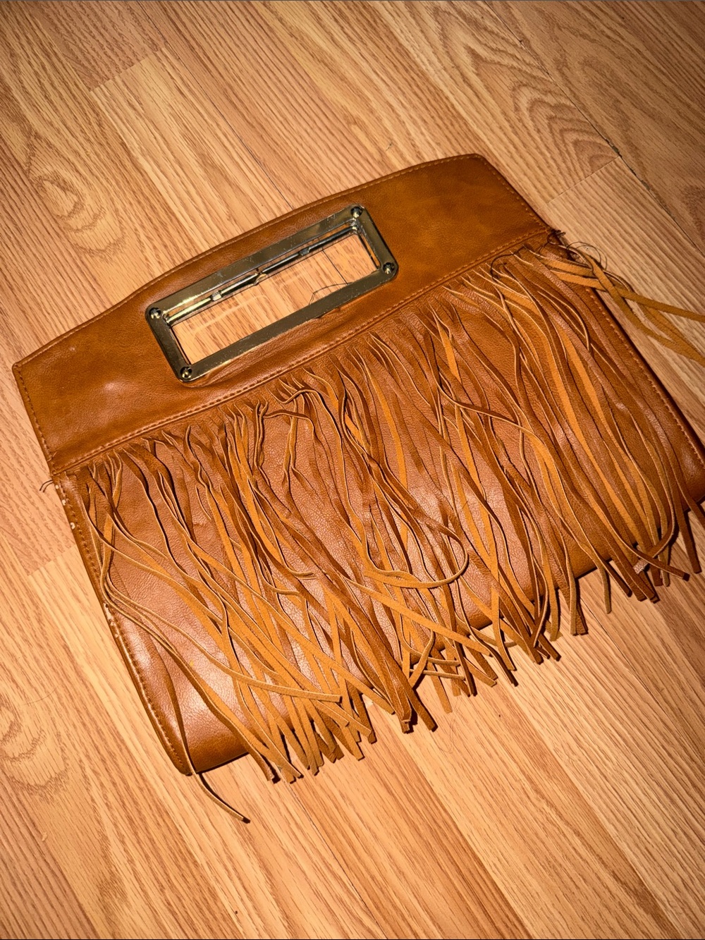 Fringe Leather Clutch Handbag in Tan - Unbranded